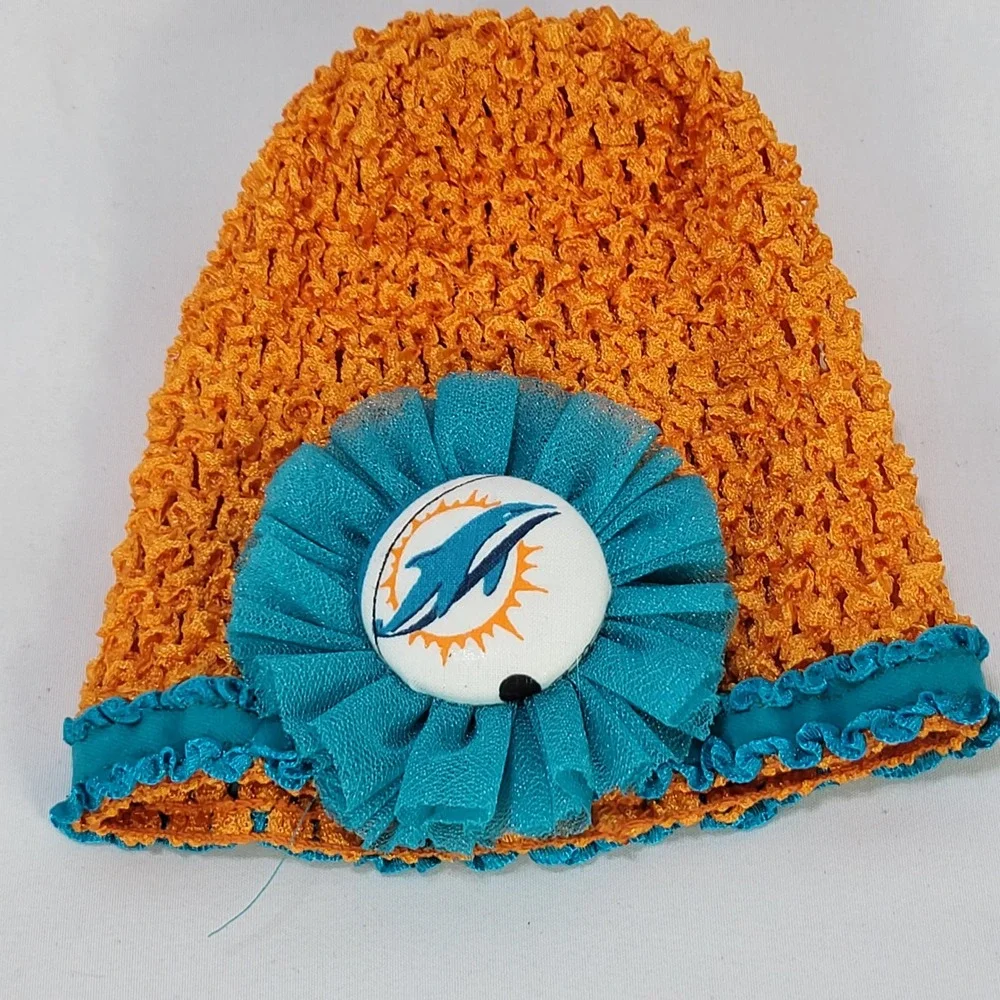 Miami Dolphins Baby Beanie Hat Orange Teal Crochet Flower Infant NFL Fan Gear